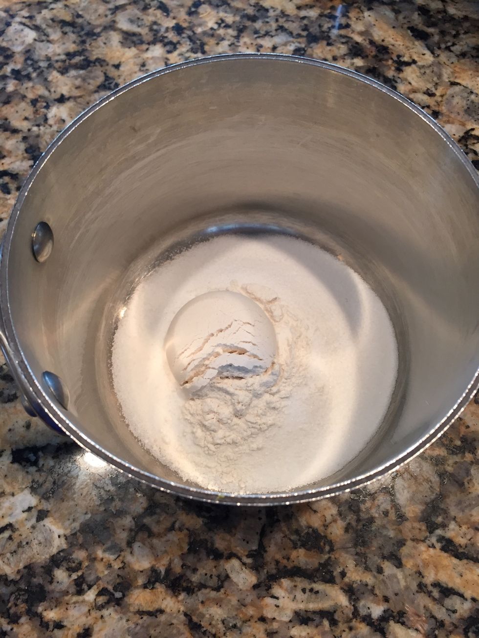 In a small sauce pan, add 1/2 c sugar and 2 TB flour and mix well
