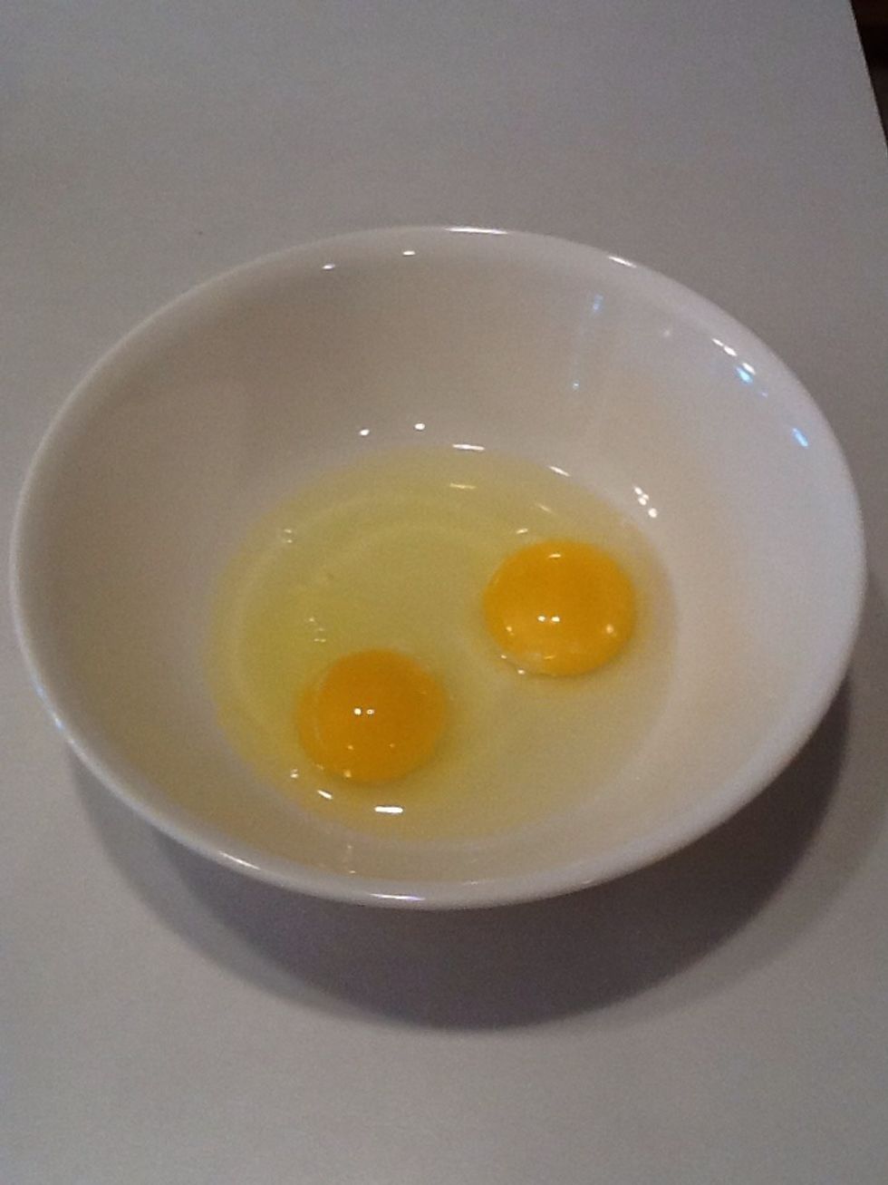In a wide bowl, add two eggs.