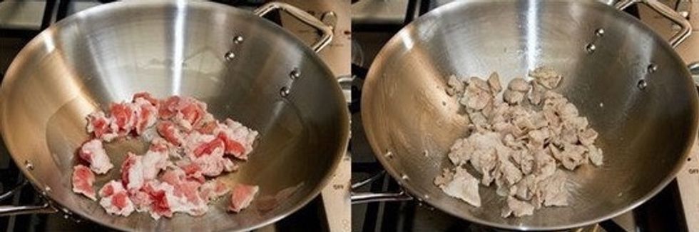 In a wok, heat oil on medium high heat. Cook the meat until there is no pink visible.