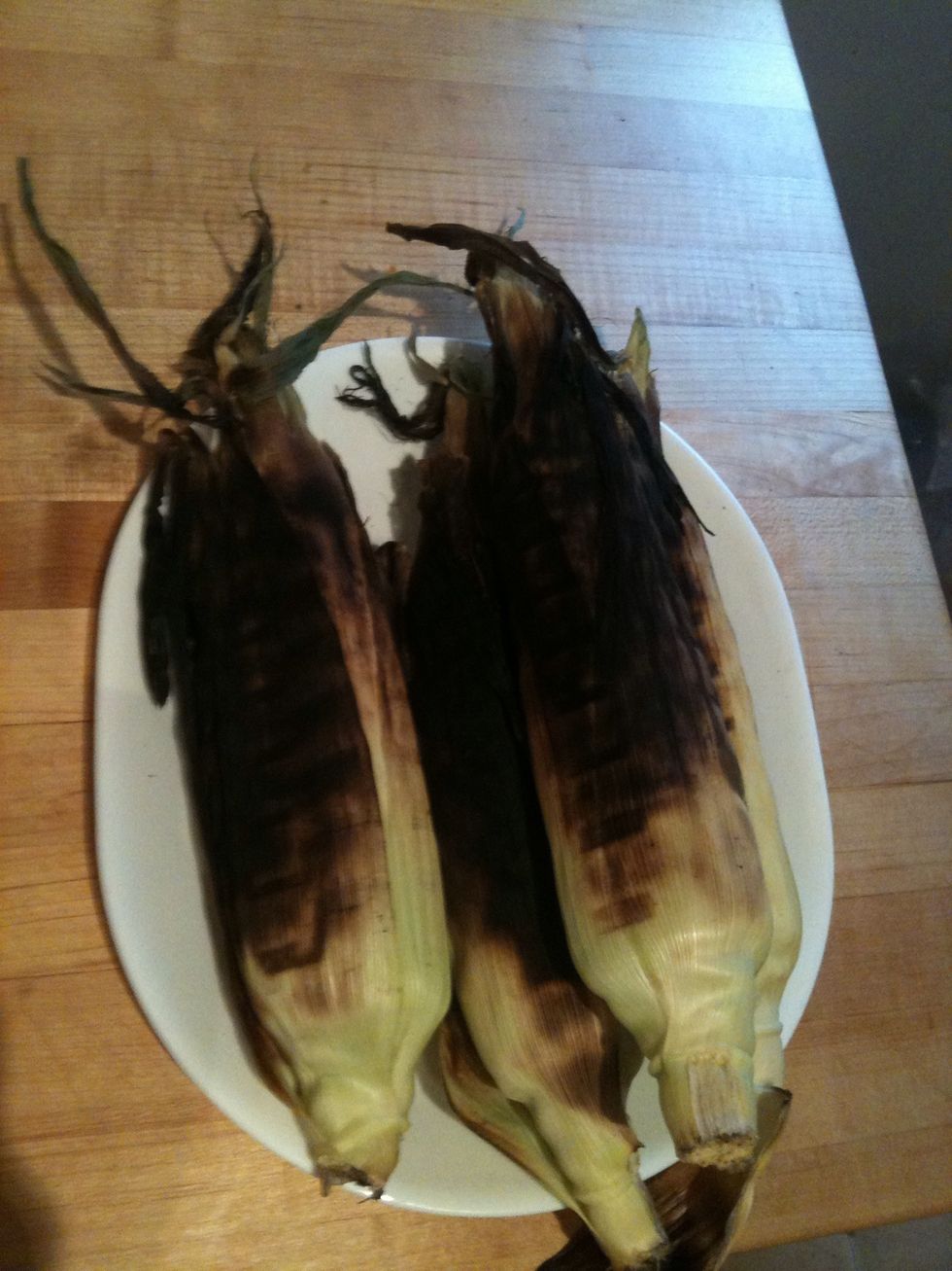 In about 20-30 mins(all depends how hot your fire is) the cobs should be done. They may look a little burnt but inside will be fine.