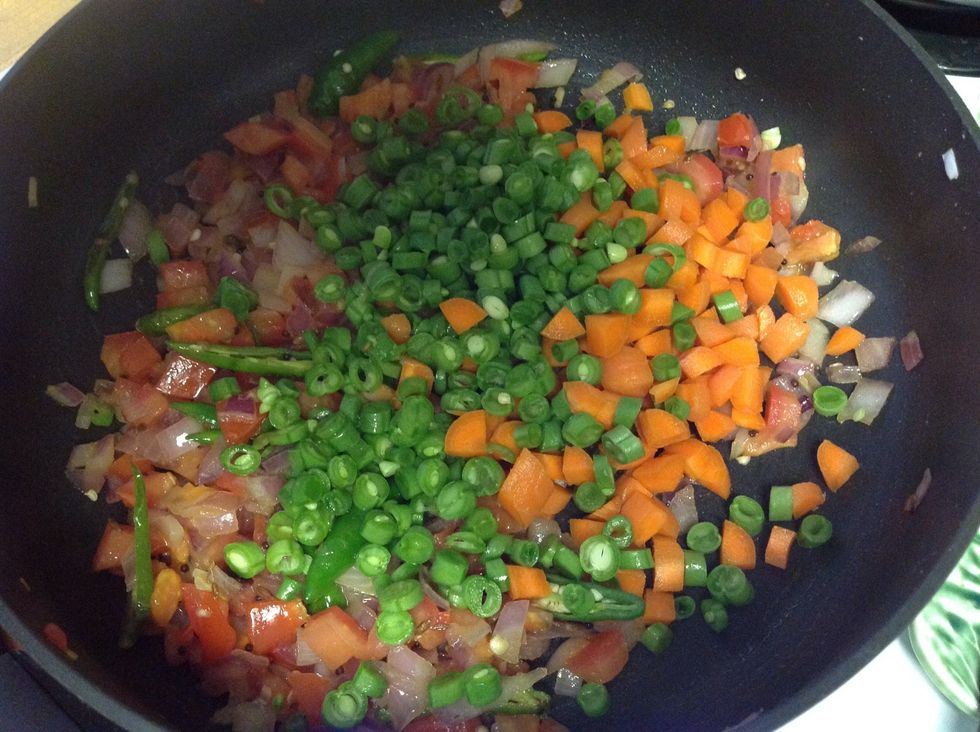 In about two minutes add your veggies.