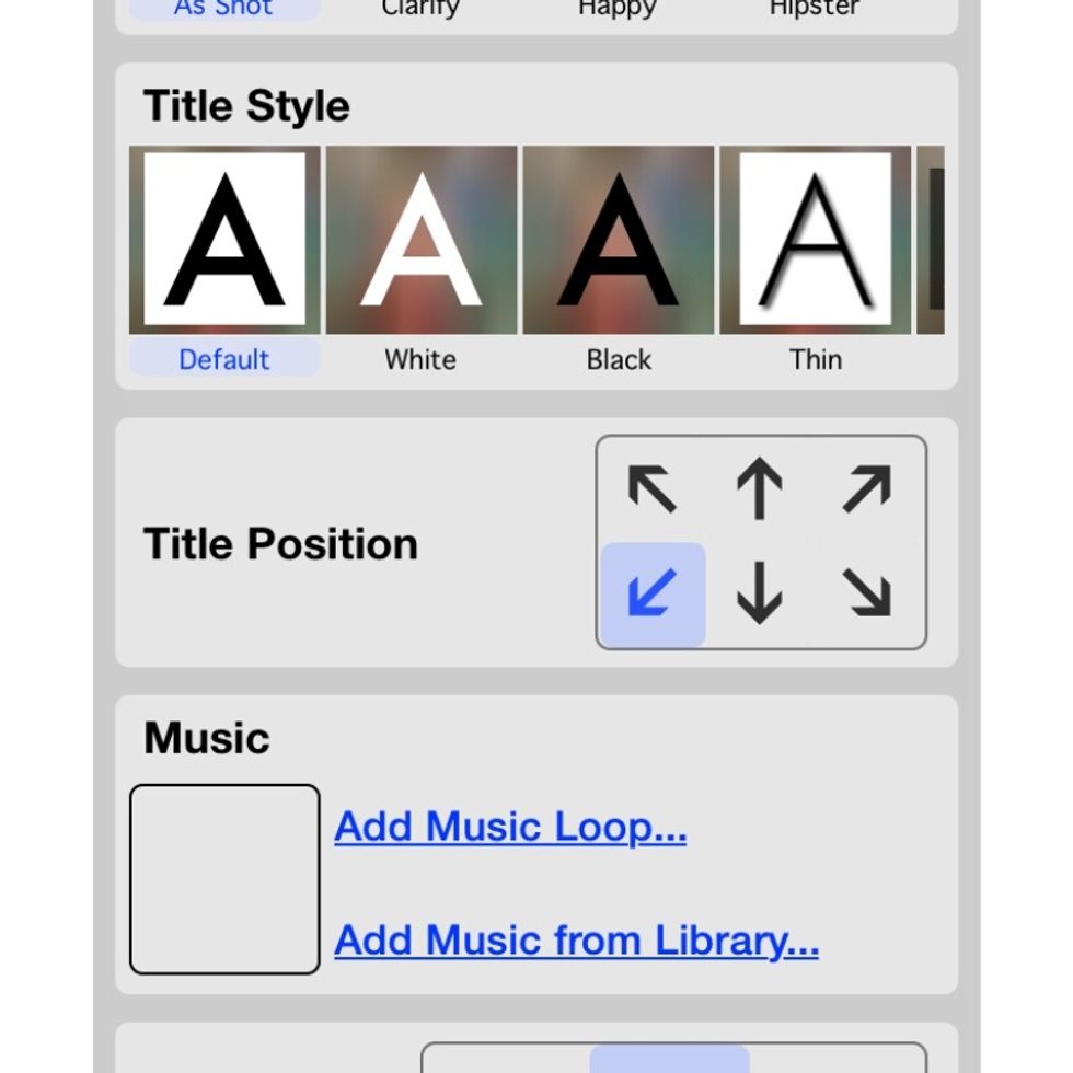 In addition to the placement, fonts come in a range of styles, and you can choose from stock music samples or import from your library.