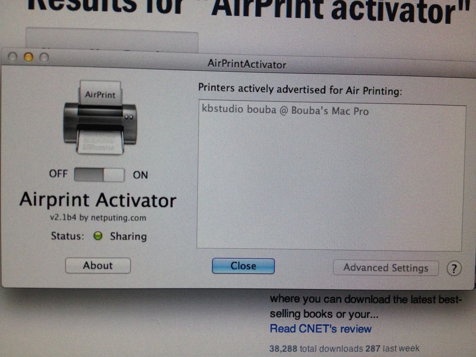In AirPrint activator turn the switch on, on the right you should see your printer listed. You should now be able to print directly from your I device