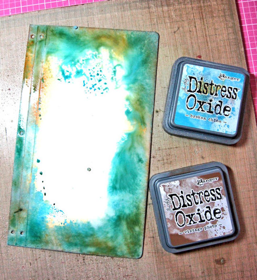 In all the cover edges, front and back/inside and out with Distress Oxide Inks.