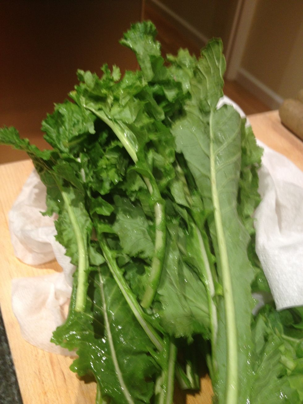 In an effort to use up as much of the items that take up a lot of room in the fridge, I will also throw in some turnip greens. Wash the turnip greens and roughly chop.