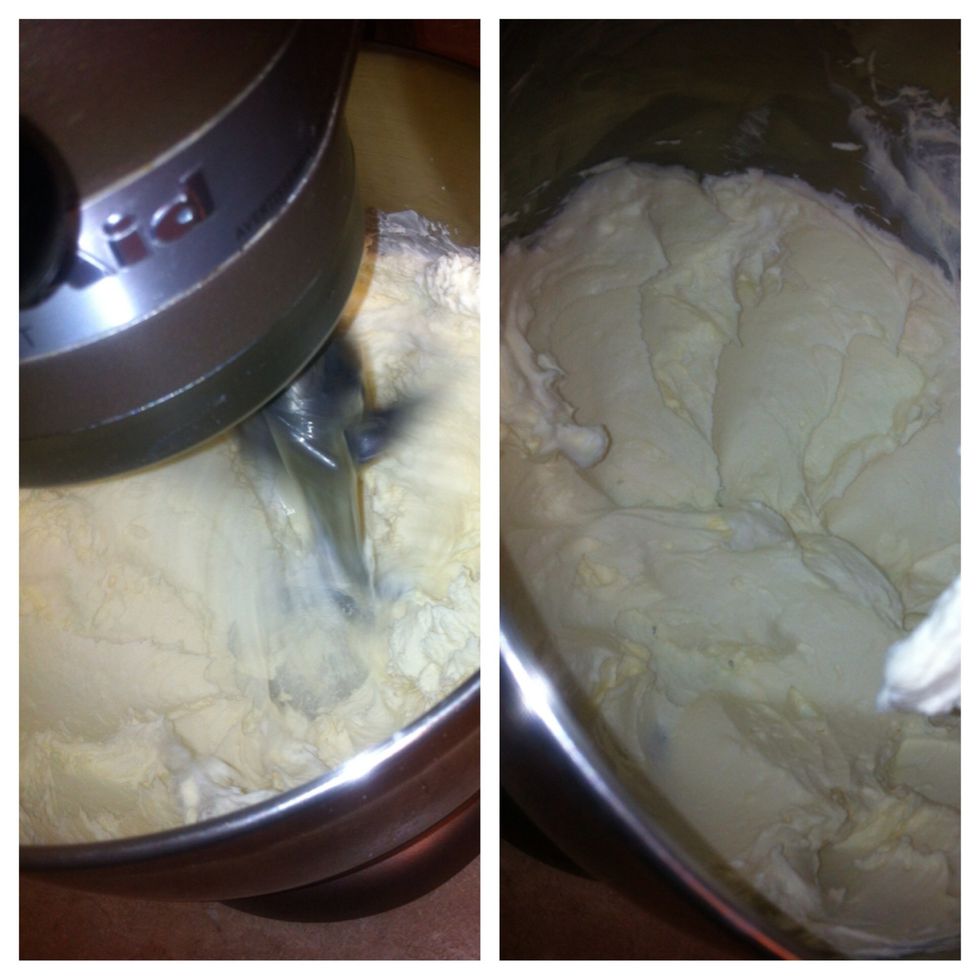 In an electric mixer on medium-high speed beat: cream cheese, butter, sour cream, vanilla, and salt. About 2-4 minutes, until smooth.