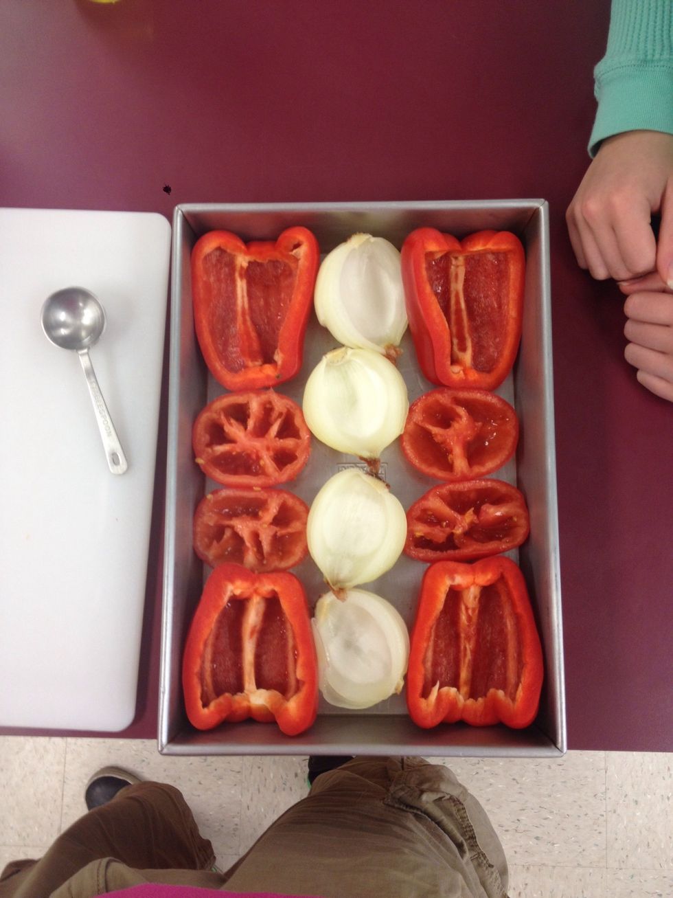 In an oiled shallow medium casserole dish, arrange with cut side up
