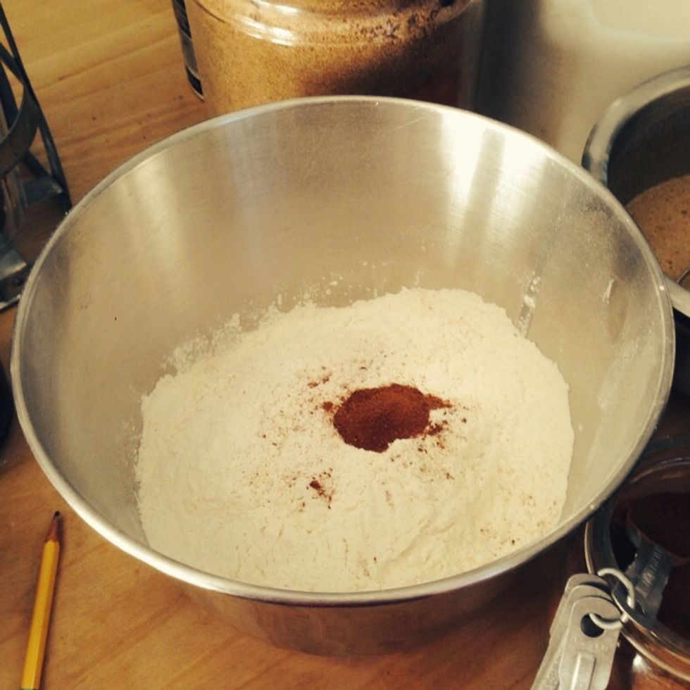 In another bowl add 3 c flour, 1tsp cinnamon and a pinch of salt. ( you can add more cinnamon if you are a cinnamon fan )