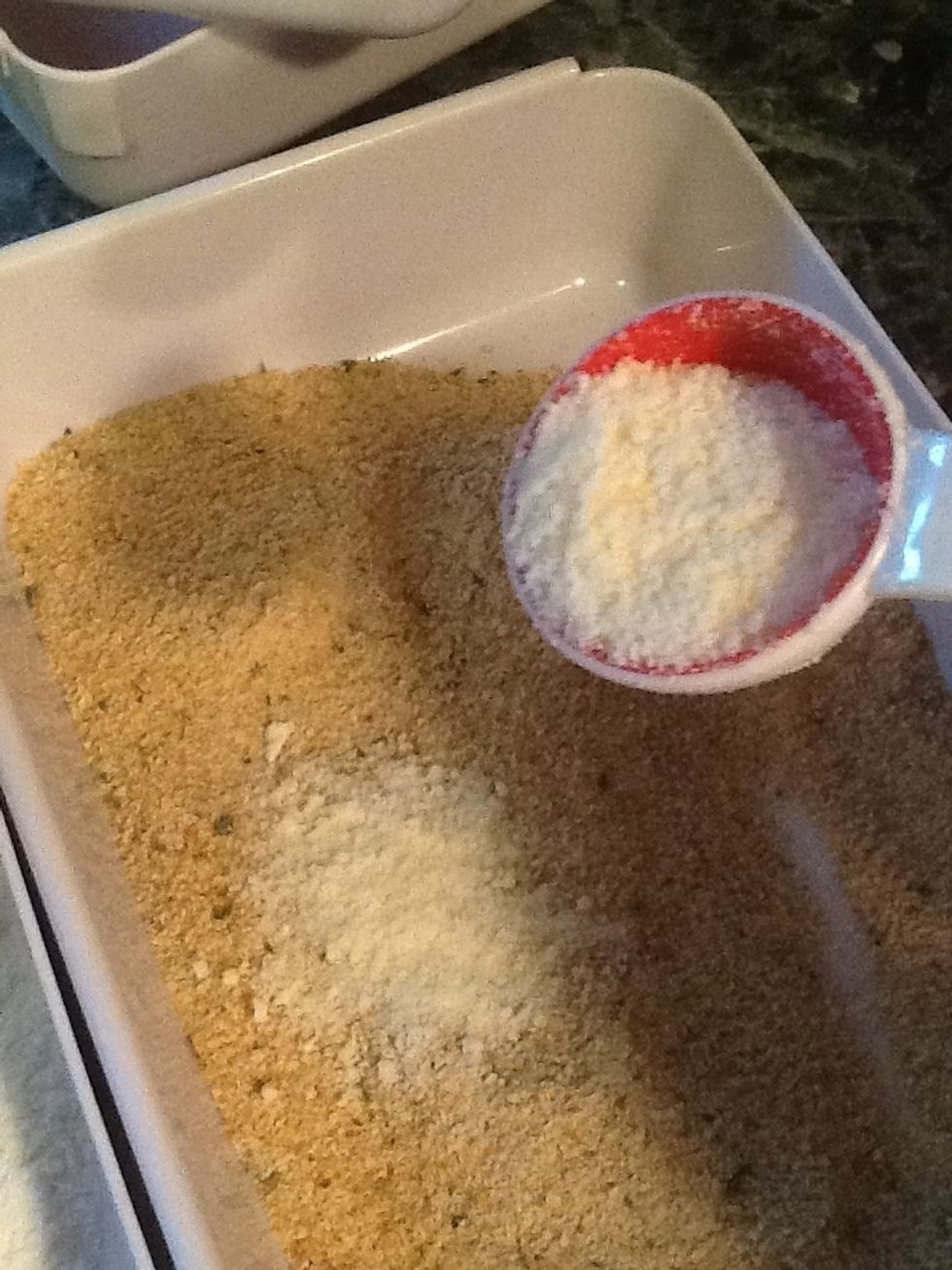 In another bowl add the bread crumbs and to the bread crumbs add the last tbs of grated cheese. You should have 3 bowls now, 1 for the egg, the 2nd for the flour and the last one the bread crumbs \ud83d\udc4c\ud83d\udc4d