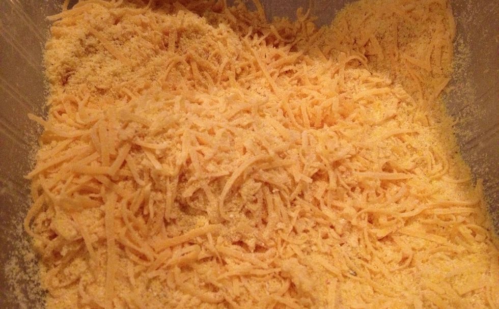 In another bowl, combine 1c finely shredded extra sharp cheddar with 1 c cornmeal. Toss potatoes, about a handful at a time, to coat. I "press" them into the mix to make it really stick.