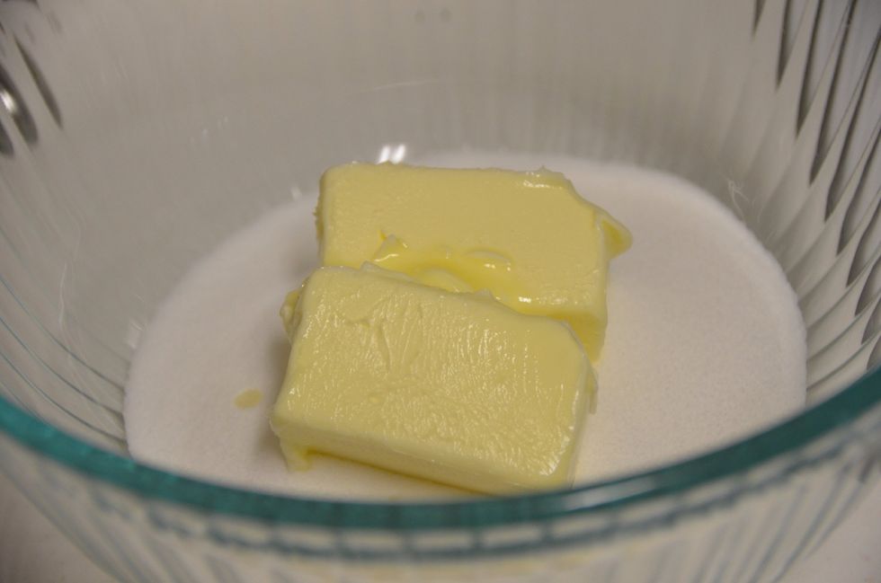 In another bowl combine butter and sugar and beat with a hand mixer.