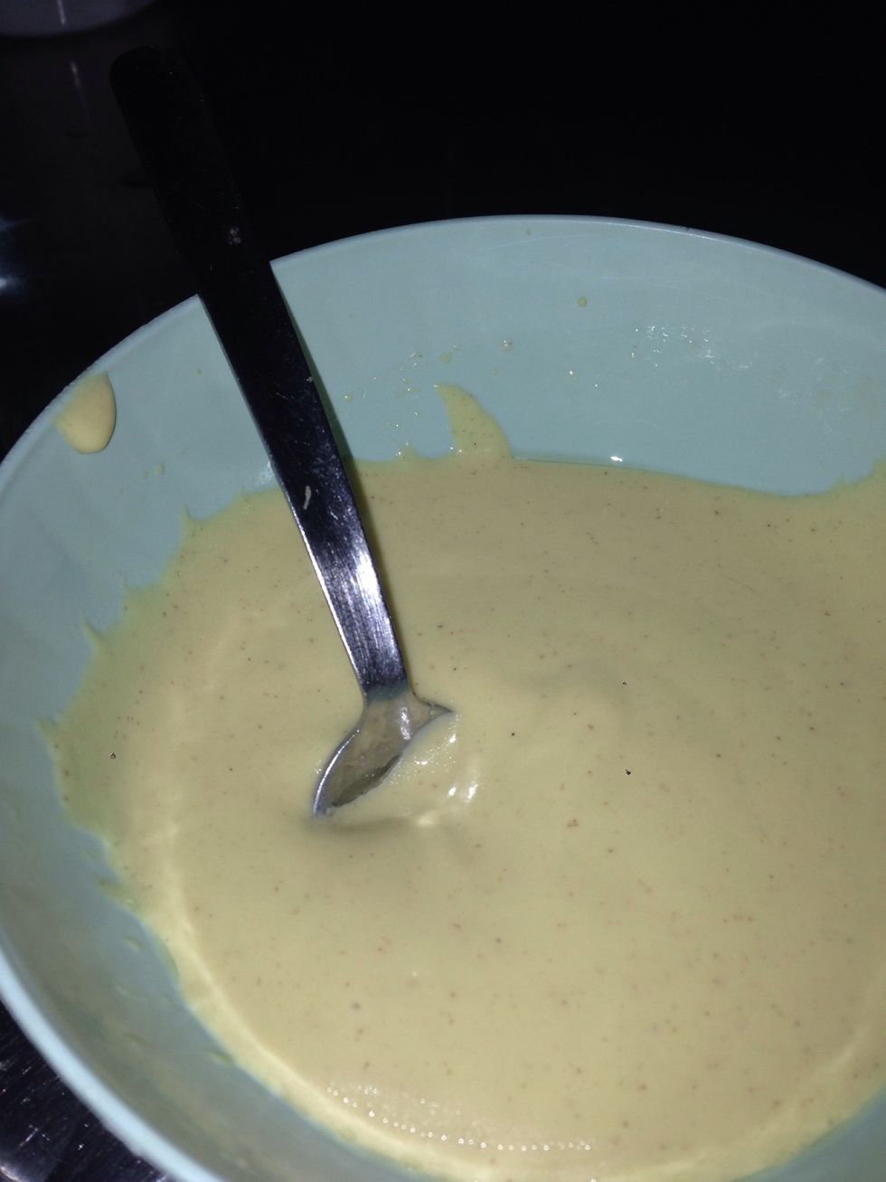 In another bowl, mix the mustard, vinegar, and olive oil. Start with 1 tbsp of vinegar and mustard and then keep adding according to the amount of mustard you have. It has to end up smooth not thick.