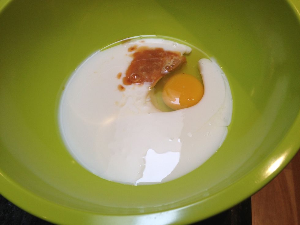 In another bowl, mix together the buttermilk, the egg and the vanilla.