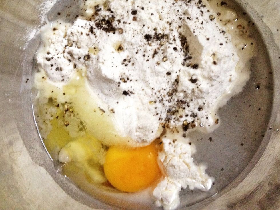 In another bowl, mix water, flour, egg, salt, and freshly ground black pepper (Optional: you may also add a bit of seasoning powder in the batter)