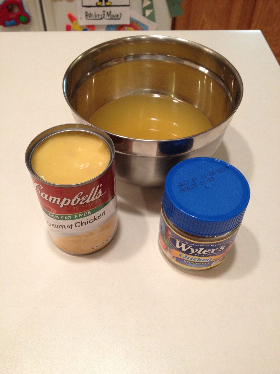 In another bowl, whisk cream of chicken soup, chicken stock and chicken granules.