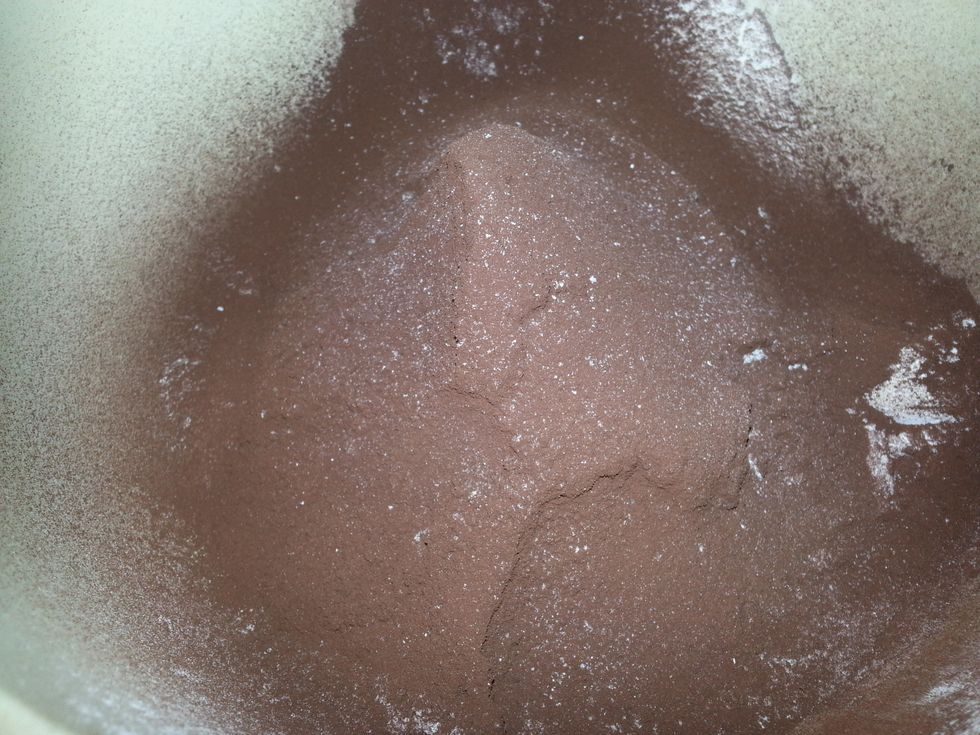 In another dry bowl, whisk together the flour, baking powder, baking soda, cocoa powder (sifted over the other ingredients), coffee and salt.