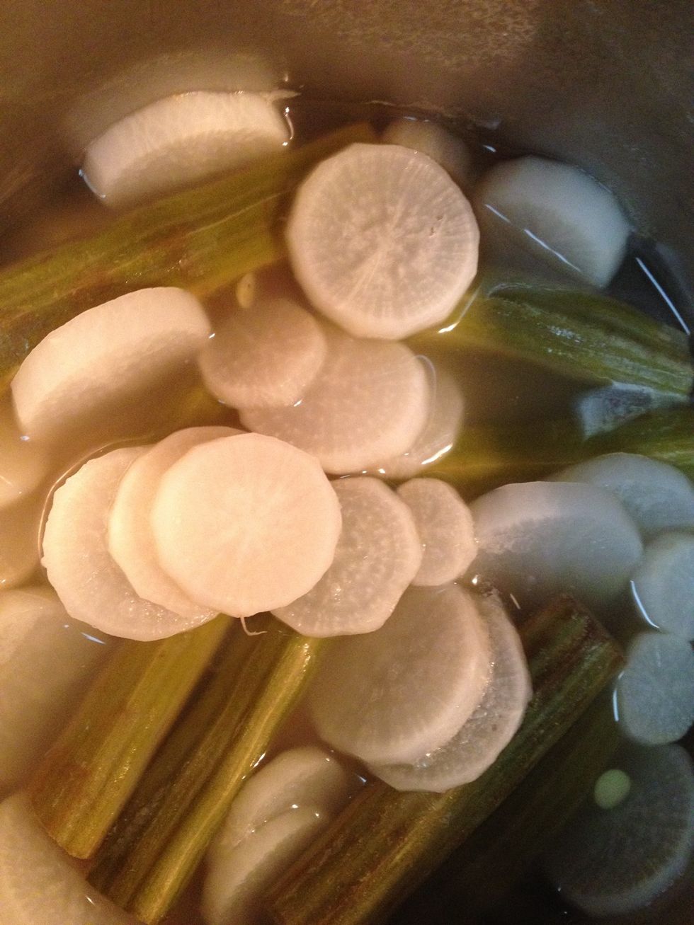 In another pot boil radish and drumsticks with salt till they are done and set them aside. You can also use : zucchini, red radishes, opo squash, small eggplant, green beans, carrots.