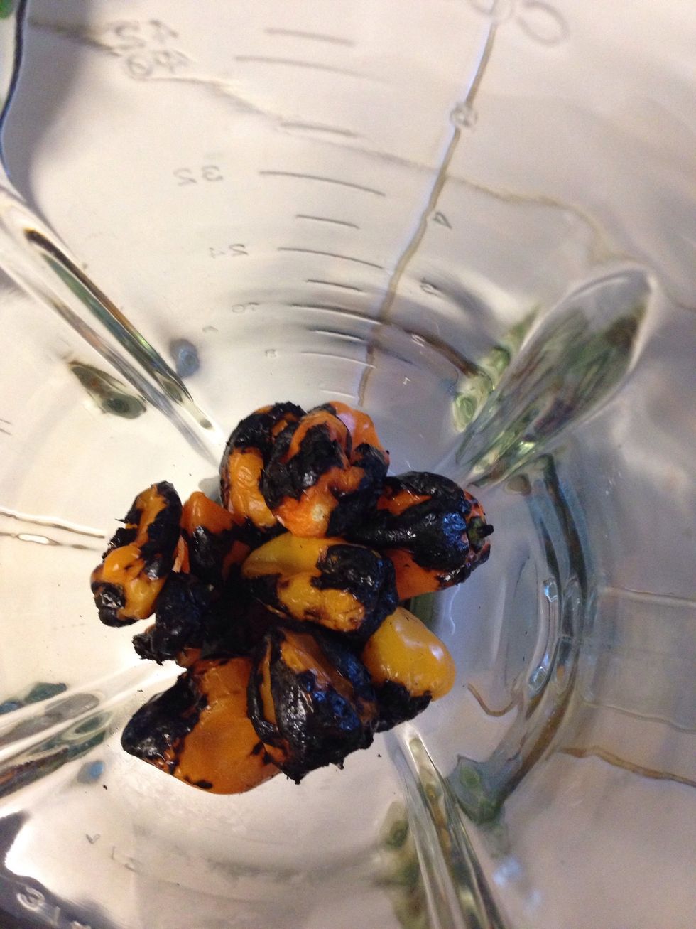 In blender first add fire roasted habaneros. NOTE: Handle with care- they are very HOT! Also, if you think the salsa may turn out too hot, USE LESS chilies (eye-balling it works!)