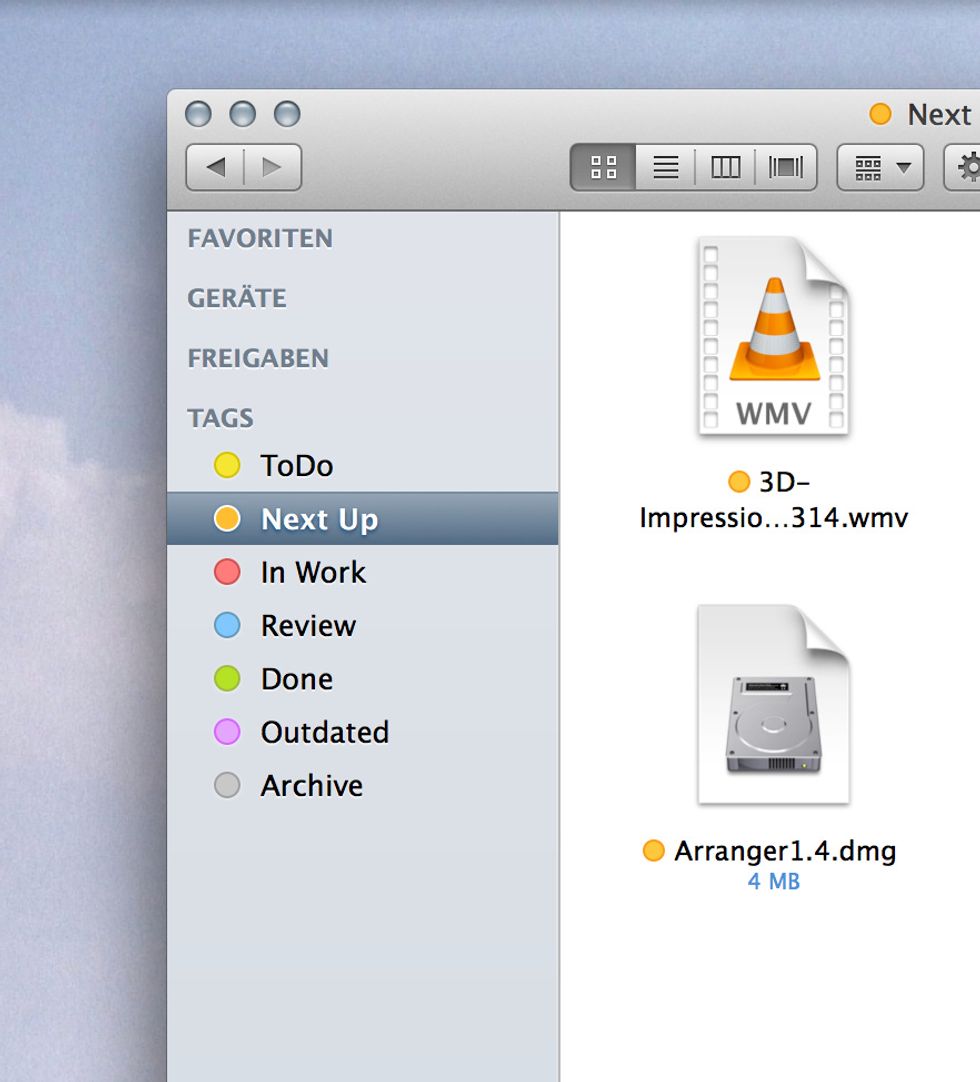 In case some deadline for a few things gets closer, I add the tag "Next Up" to those files need to be worked on. So whenever I have an hour and don't know what to do now, I just have to look there.