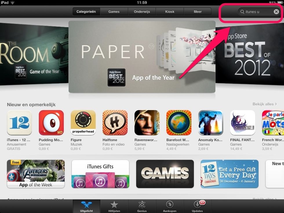 In de zoekfunctie tik je: iTunes U