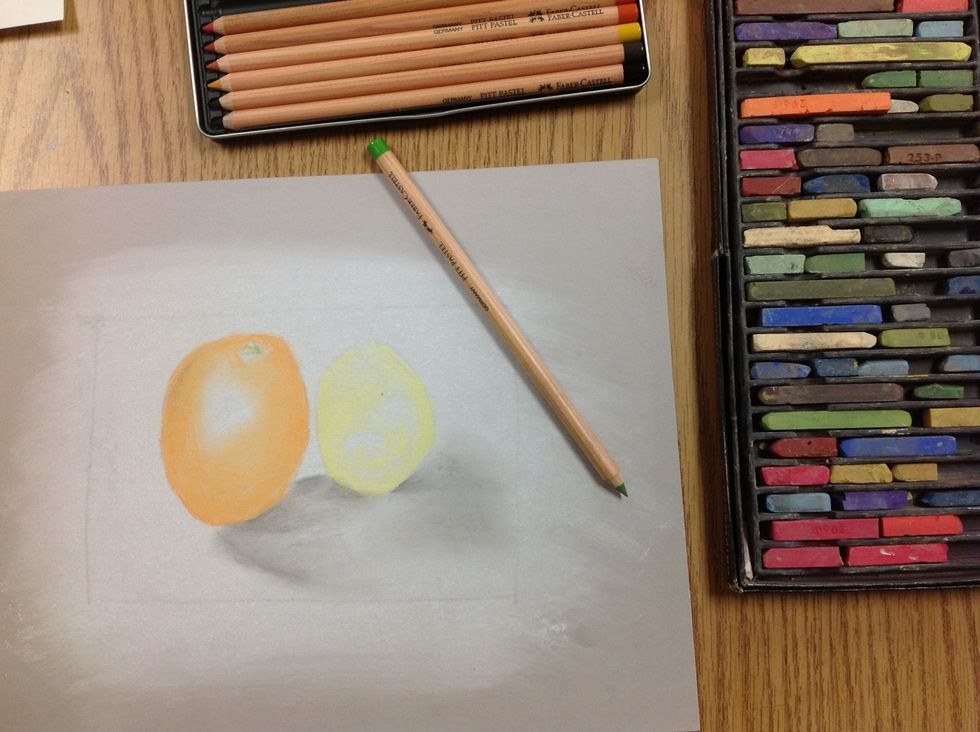 In detail areas, use chalk pastel pencils. Sharpen with hand sharpener as needed.