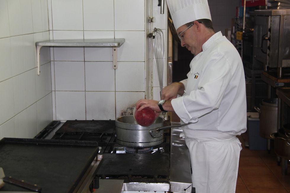 In double boiler , add the ground mixture and whisk continuously until a thick cream.