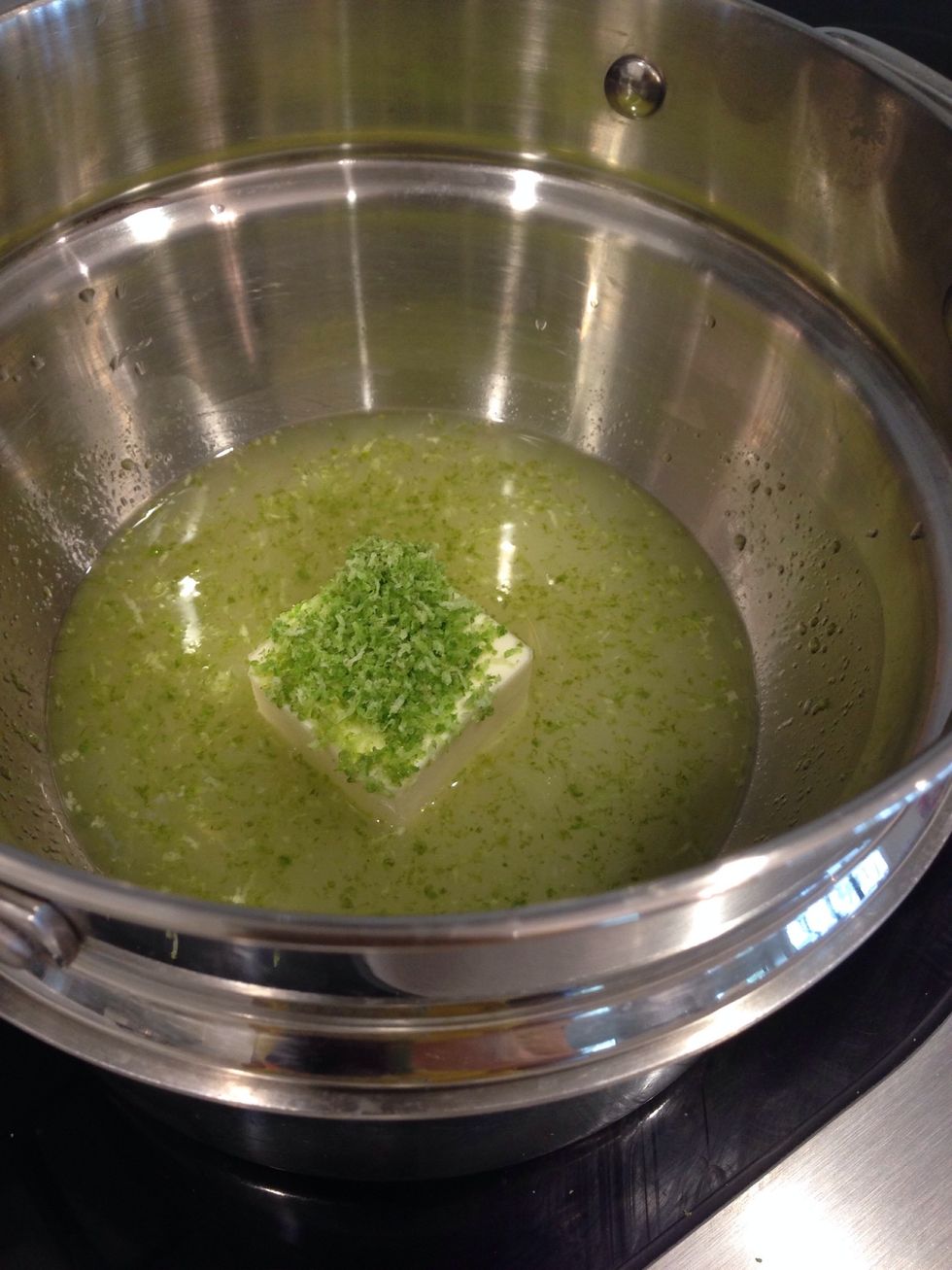 In double boiler, heat sugar, juice, butter, zest.