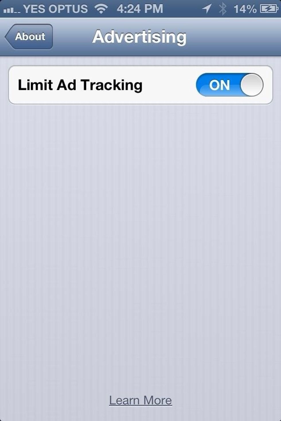 In iOS 6 apple introduced Limit as tracking by default this is turned off. To Turn it one navigate to Settings > General > About > Limit Ad Tracking and turn it on.  This is explained in next step
