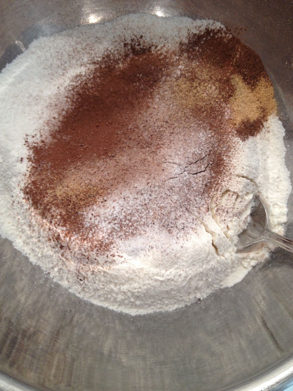 In large bowl combine dry ingredients (see supply list for exact measurements): flour, baking powder, baking soda, salt, cinnamon, ginger, nutmeg, and allspice.