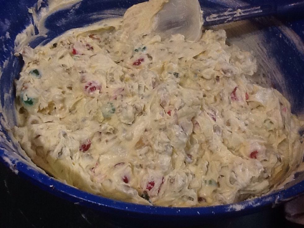 In large bowl. Lastly fold,in floured , fruit mixture , bake in 300% oven for 2-1/2 hours to 3-1/2 hours depending on size the pans .bake until each cake tests done with a toothpick, remove from oven