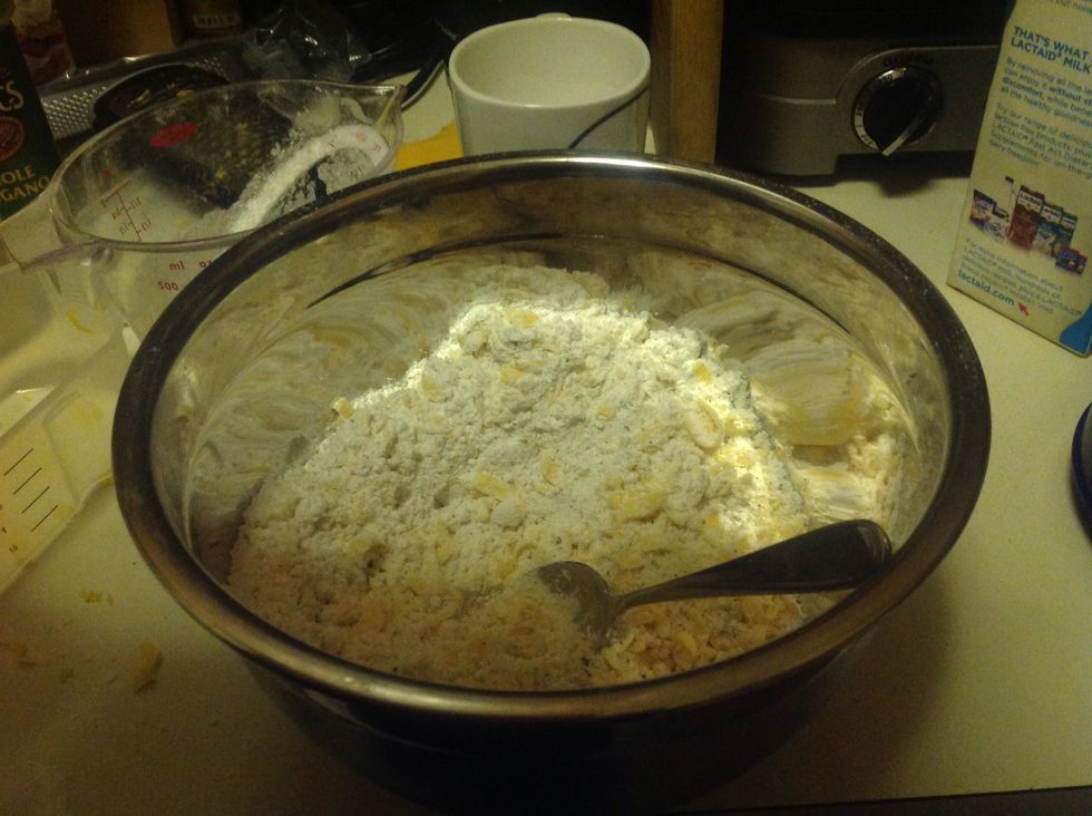 In large bowl, mix together biscuit mix, garlic powder and cheese.