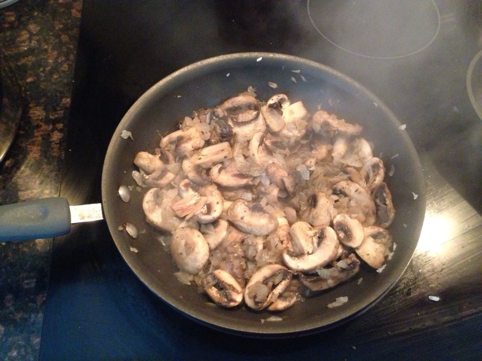 In large non stick pan, spray with some olive oil and saut\u00e9 the chopped onion and sliced mushrooms. Season is Sea Salt & Pepper to taste.