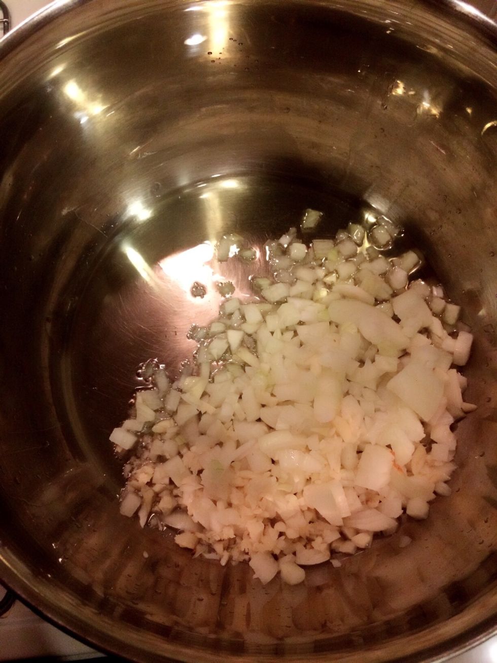 In large pan heat oil and put garlic and diced onion