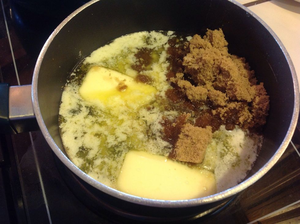 In large sauce pan, add brown sugar, butter, corn syrup, salt and vanilla.  Mix well.  Bring to a boil.