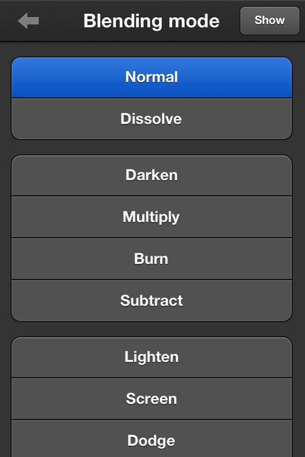 In layers you'll also find your blending modes. Notice the "Show" button at top right. This allows you to peak at your image without leaving the tool menu.
