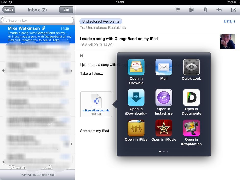 In Mail, find the email, then tap and hold on the attachment and choose Showbie