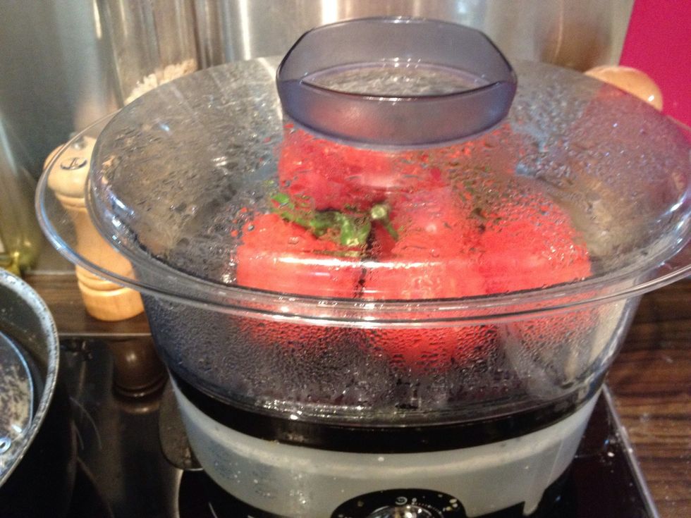 In meantime place the tomatoes in a steamer for 10mins (alternatively pan of boiling hot water)