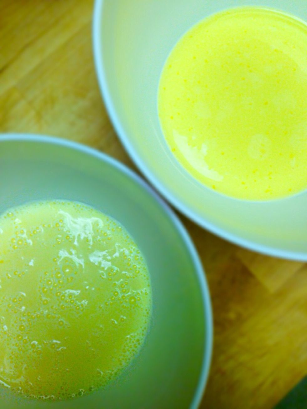 In meanwhile in two separate mixing bowls beat 3 eggs in each bowl with 1 cup of milk