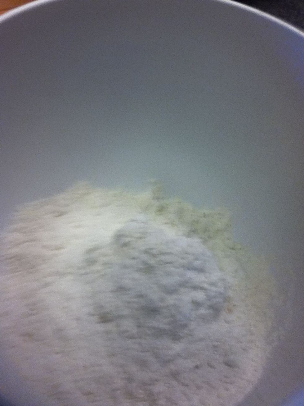 In one  bowl add 3 cups of flour.....2 tsp of baking powder 1tsp of baking soda...1/2 tsp of salt....and 2 tablespoons of white sugar and thats it mix them together so the dry ingredients mix well