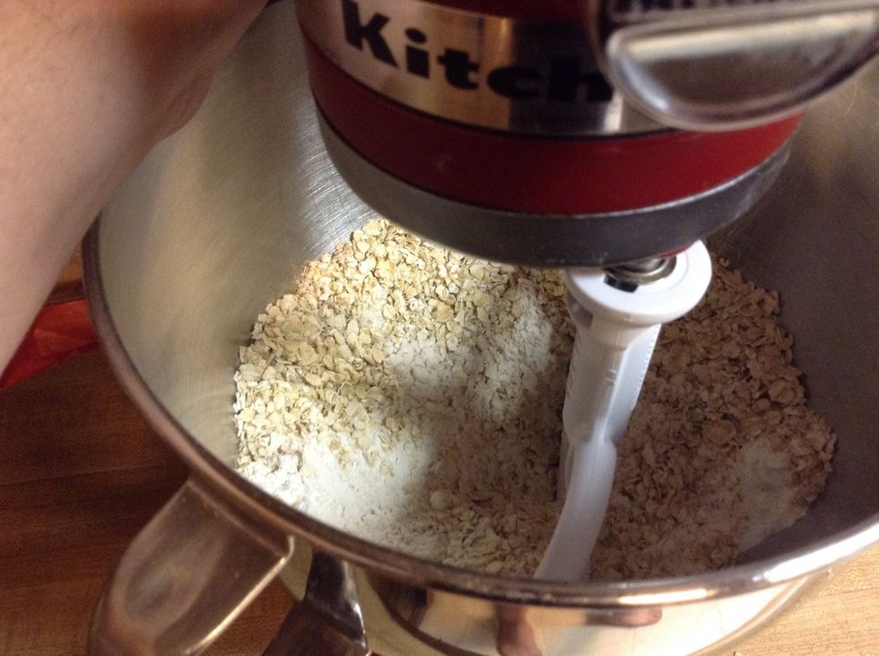 In one bowl, add your dry ingredients. Add the flour, baking soda, salt, and oat meal.
