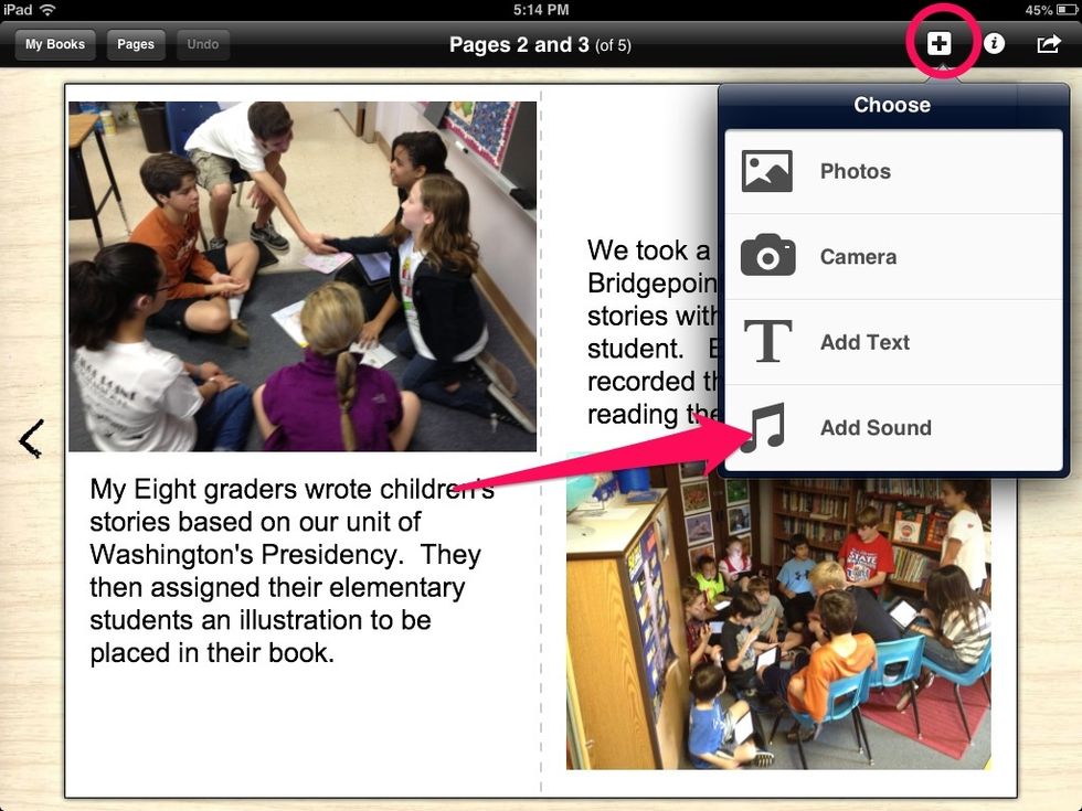 In order to narrate your book, select the + symbol. Then select the add sound option.