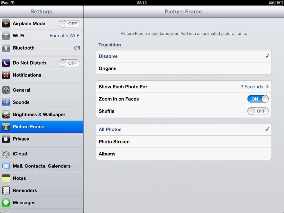 In picture frame settings you can change transitions and what pictures you see in your picture frame