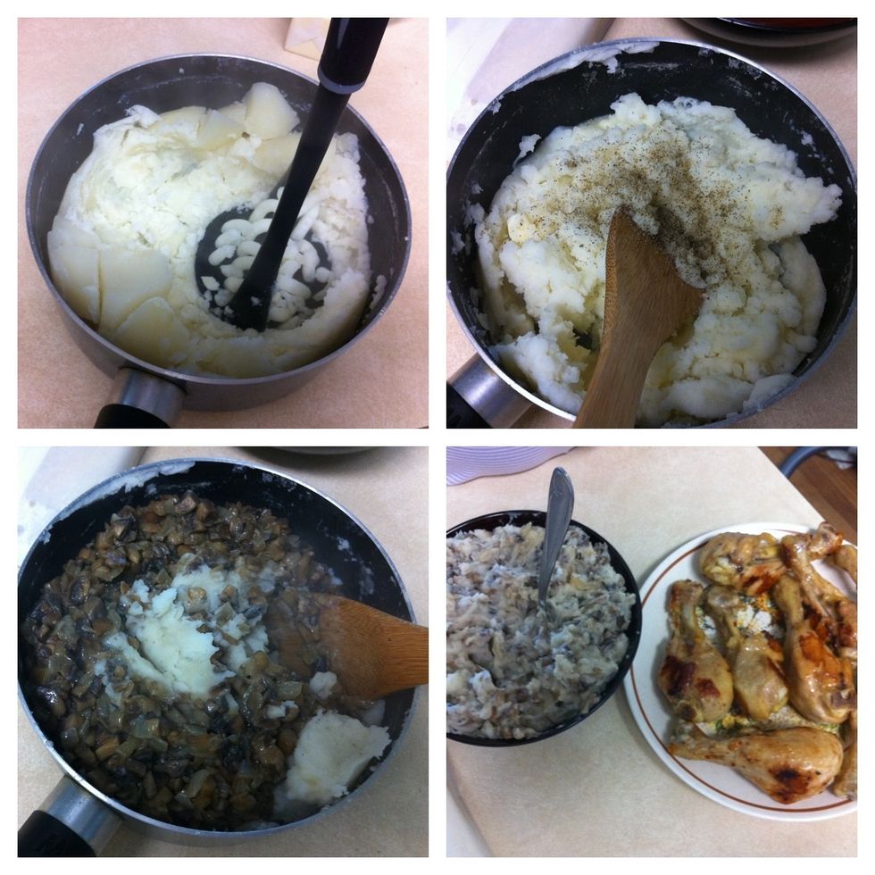 In potatoes add butter, stir and puree Add milk, salt to taste, stir. Mix the mashed potatoes and mushrooms. All cool