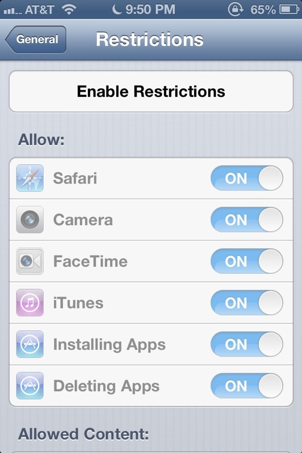 In restrictions, press "enable restrictions" and enter a password.