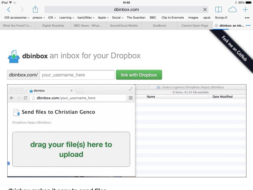 In Safari, go to www.dbinbox.com and link the applet to your Dropbox. Simply type in your Dropbox name and tap the add link with Dropbox button.