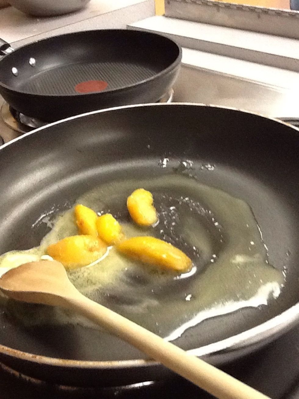 In sauce pan caramelize peaches with butter and brown sugar