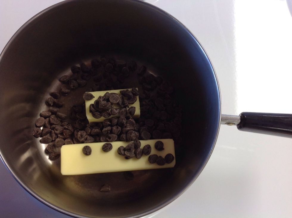In saucepan, melt butter and chocolate over low heat while stirring