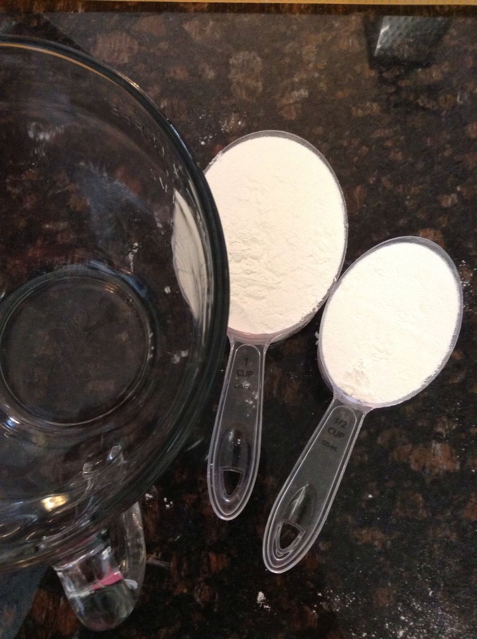 In separate batter bowl, mix dry ingredients. Start with 1 1/2 cup all purpose flour.