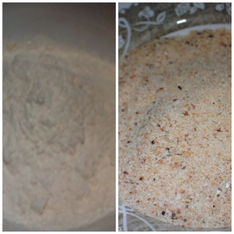 In separate bowls, add the remainder of the flour and the breadcrumbs