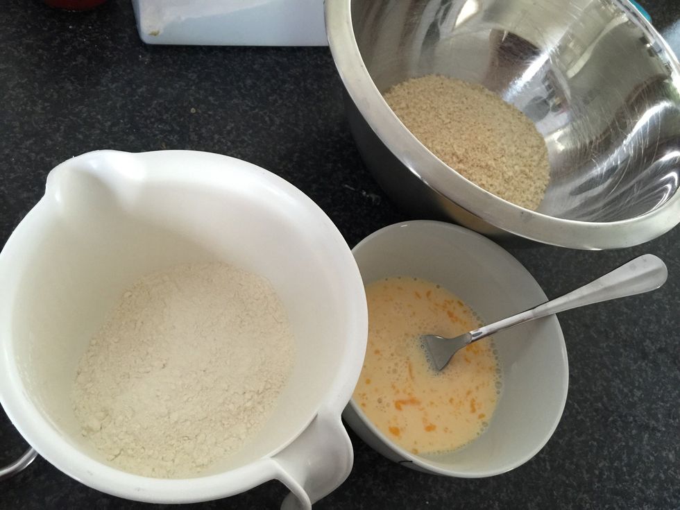 In seperate bowls put your flour, bread crumbs and mix together egg and milk in the 3rd.